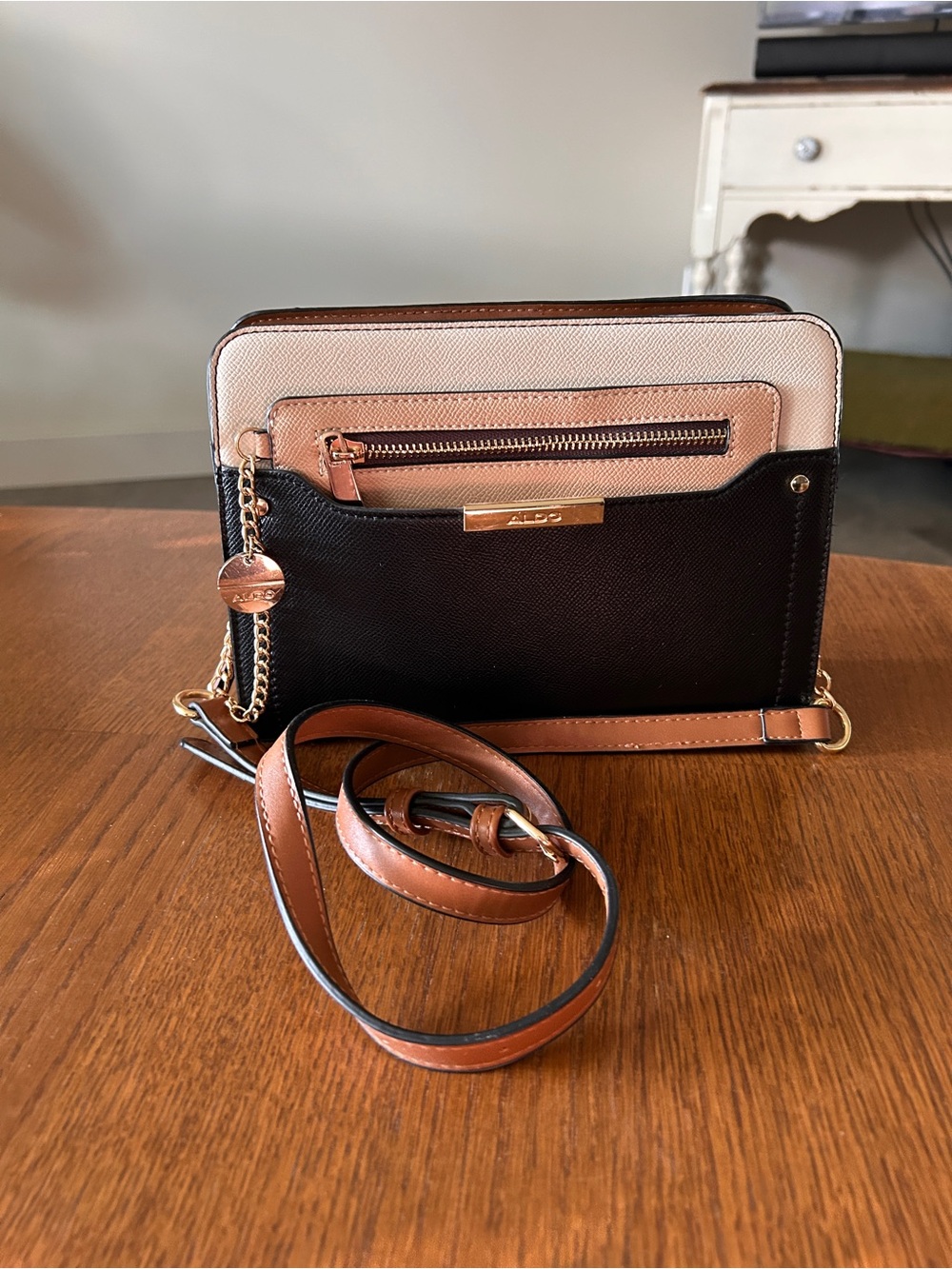 ALDO Black, Blush and Tan Colorblock Crossbody Bag